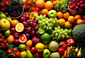 Naklejka na ściany i meble illustration, vibrant fresh fruits vegetables promoting health benefits plant based diet, vibrant
