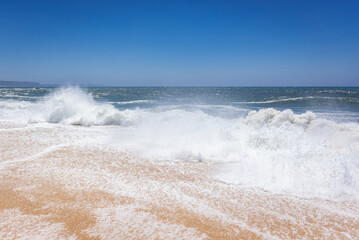 North Beach famous for giant waves in Nazare town on so called Silver Coast, Oeste region of Portugal