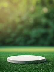 White round Platform for Product Presentation on a green Pitch. Blurred Sports Background - obrazy, fototapety, plakaty