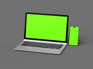 3D Render of laptop and phone with green screen on a dark background