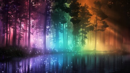 Mystical forest scene with trees and fog on a black background enhanced by rainbow lights.