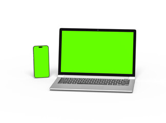 3D Render of laptop and phone with green screen on a light background