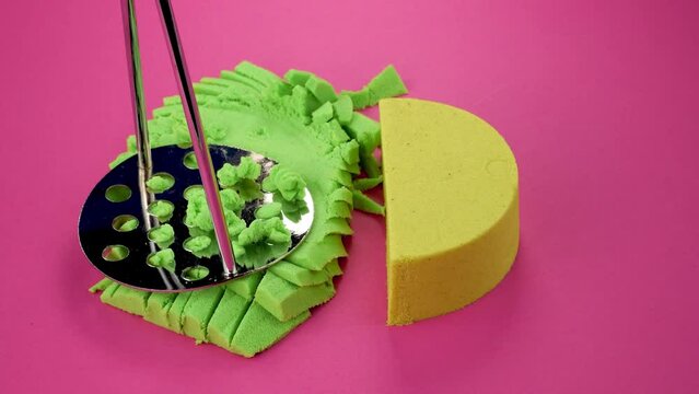 Very Satisfying and Relaxing Kinetic Sand ASMR video. Cutting anti stress macro close up colorful Kinetic Sand with a Knife. ASMR sounds.