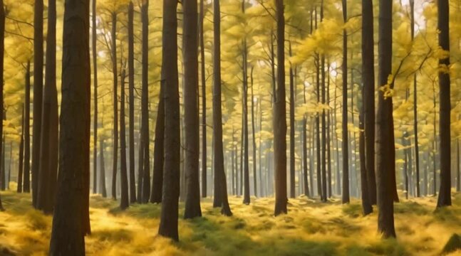 Beautiful autumn pine forest cinematic move forward with green and yellow leaves
