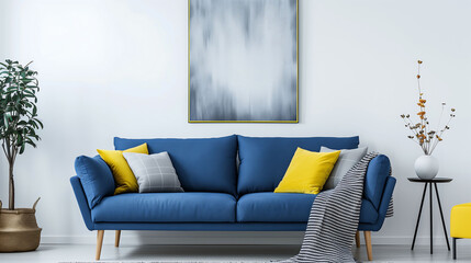 Living room interior with minimalist blue sofa.
