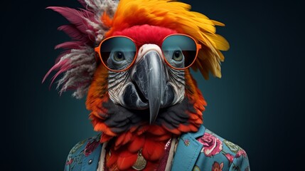 Stylish Avian Parrot Rocks Vibrant Glasses and a Tropical Ensemble with Panache