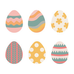 A collection set of six artistically decorated rabbit eggs with various colors for Easter celebrations
