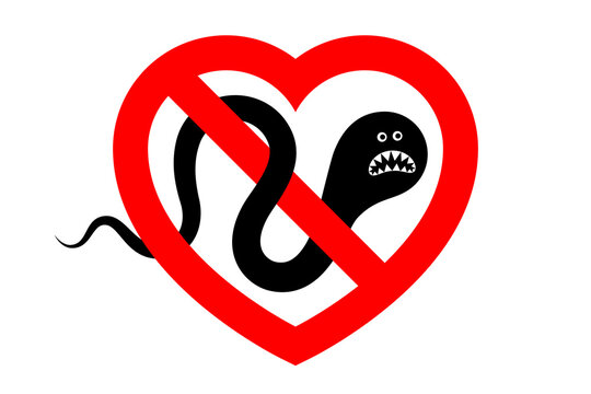 Prohibitory sign shaped like heart symbol and angry worm inside