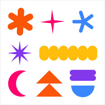 Simple colorful abstract Memphis-style shapes such as stars, flowers, waves, crescent moons, triangles, and half circles in yellow, orange, violet, pink, and sky blue colors, hand-drawn 