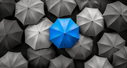 One blue umbrella among a crowd of gray ones. Creative embracing diversity minimal concept.Flat lay,top view,copy space.Generative AI