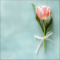 Fototapeta premium Tulip flower taped to bright background with text 
