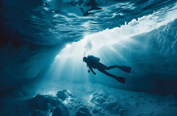 diver in the cave.Minimal creative sport and nature concept.