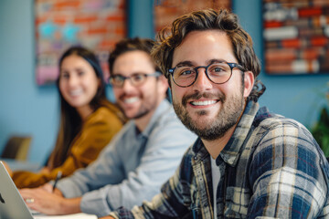Obraz premium Three professionals in casual wear, smiling and working on laptops in an office with artistic brick walls and a blue background, embodying teamwork and creativity.