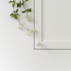 Close-up of kitchen white cabinet and hanging plant.Minimal creative interior and nature concept.Design template for advertising, social media banner, web design, ecommerce post, product presentation,