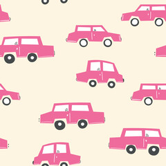 Seamless pattern with cute car on color background. Cartoot transport. Vector illustration. Doodle style. Design for baby print, invitation, poster, card, fabric, textile