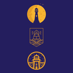 Premium, Modern, Simple, Cartoon, Yellow Colored Lighthouse Icon Illustration Set Collection With Navy Blue Background