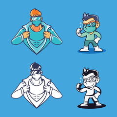 Premium, Modern, Masculine, Playful, Cartoon Superhero Doctor MAscot Character Illustration Art Set Collection With Blue Background