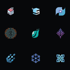 Premium, Modern, Geometric, Simple, Flat, Multimedia, Digital And Technology Business Company Logo Set Collection Elements Vector With Black Background
