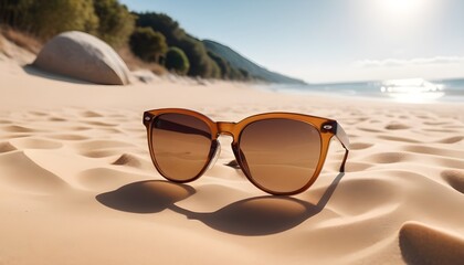 Fototapeta na wymiar Brown stylish sunglasses on the beach