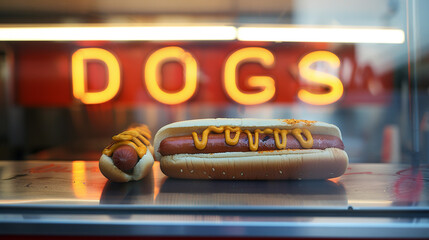 fresh various delicious hot dogs, hot dog vender stand with lit up sign