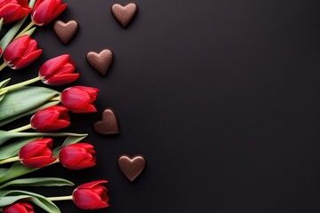 Elegant setup of red tulips and brown hearts scattered on a dark background for Valentine's Day.