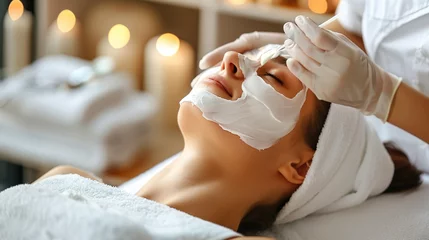 Photo sur Plexiglas Spa Professional cosmetologist at spa salon applying sheet mask on theface of relaxed woman. Young girl lying on white towel and enjoying peeling and antioxidant facial beauty treatment. Skin care concept