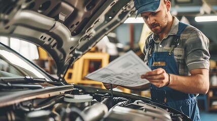 An Automotive Mechanic Conducting vehicle inspections to identify potential problems and recommend necessary repairs - obrazy, fototapety, plakaty