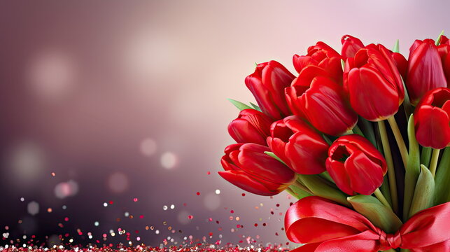 Red tulips huge bouquet with red ribbon bow on white background with glitter and bokeh. Background with copy space. Wallpaper