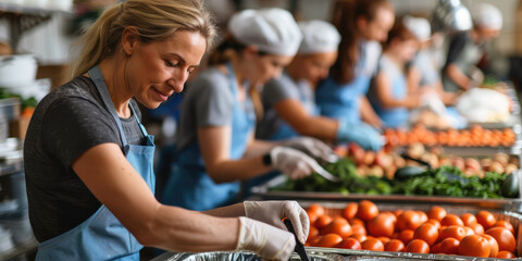 A focused woman in a blue apron sorts tomatoes at a bustling community kitchen, where a team of volunteers diligently prepares food.
