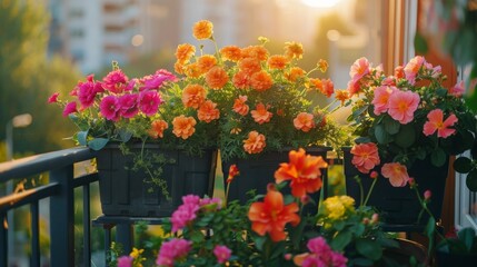 Fototapeta na wymiar Row of Potted Flowers on Balcony