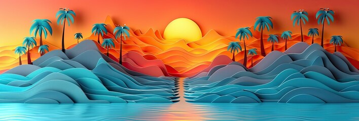 Sunset over the sea with palm trees. A paper-cut drawing in the style of paper art. The concept of a travel agency
