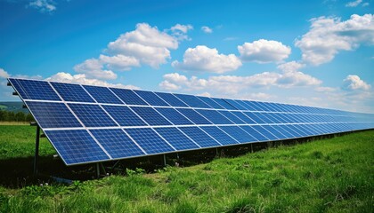 Row of solar panels in a green field. Renewable energy concept for design and environmental technology