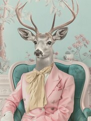 An anthropomorphic deer in a high fashion outfit, sitting in a fashionable luxury interior.