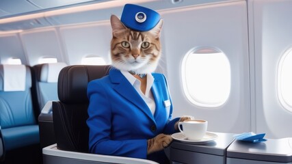 cat steward in a blue suit and hat on the plane drinks coffee against the backdrop of the porthole at the table. free time. vacation concept, trips to a warm country, traveling by plane - obrazy, fototapety, plakaty