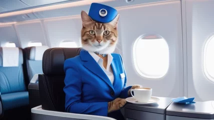 Tuinposter cat steward in a blue suit and hat on the plane drinks coffee against the backdrop of the porthole at the table. free time. vacation concept, trips to a warm country, traveling by plane © Katerina