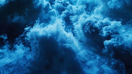 Fototapeta na wymiar Sharp, electric blue smoke cuts against a deep, dark void, highlighted by futuristic ground lighting.