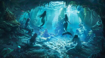 Fototapeta na wymiar beautiful mermaids in a fantasy underwater cave