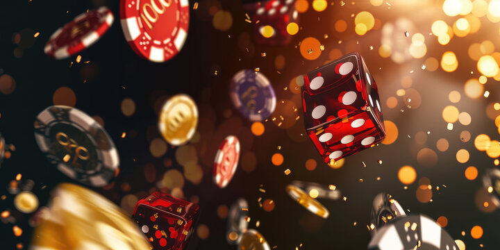 A cascade of colorful casino dice and chips tumbles through a shower of golden light, capturing the thrilling atmosphere of a lucky streak.