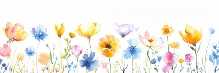 pastel spring flowers in watercolour on white background banner