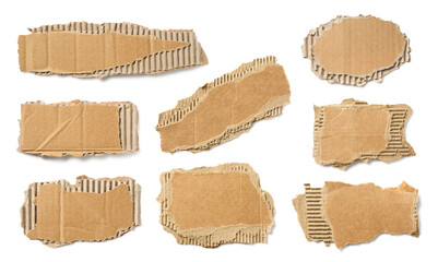 set / collection of ripped pieces of corrugated cardboard isolated over a transparent background, signs, labels, banners, or paper collage design elements, cut-out with subtle shadows, PNG - 757588565