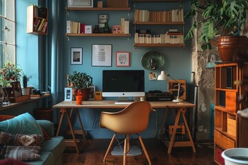 home office study with blue walls