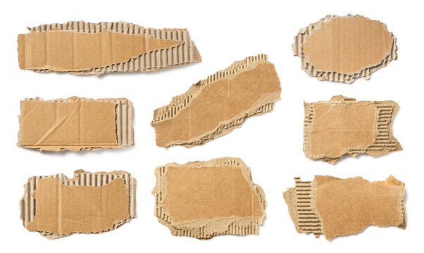 set / collection of ripped pieces of corrugated cardboard isolated over a transparent background, signs, labels, banners, or paper collage design elements, cut-out with subtle shadows, PNG