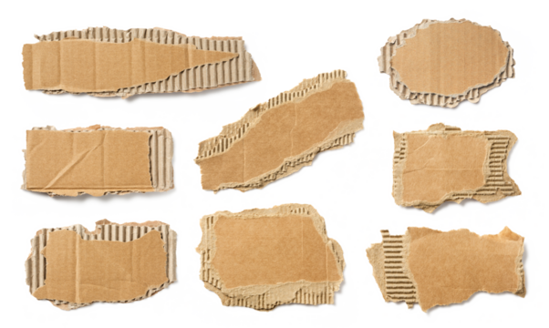set / collection of ripped pieces of corrugated cardboard isolated over a transparent background, signs, labels, banners, or paper collage design elements, cut-out with subtle shadows, PNG