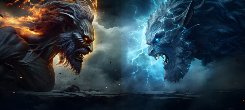 Greek mythology monsters vs gods, ai generative