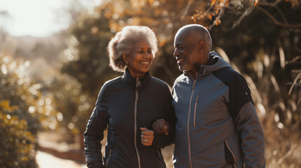 A senior couple enjoying a brisk walk in nature, highlighting the importance of physical activity, World Health Day, Healthcare, with copy space - obrazy, fototapety, plakaty