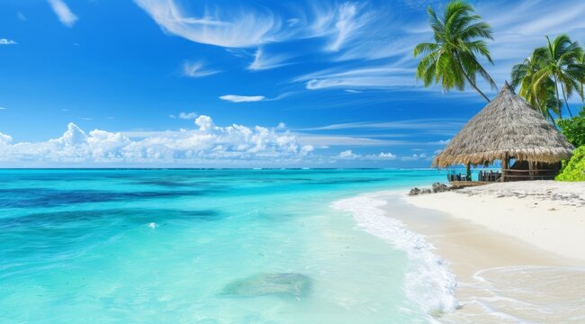 an idyllic tropical beach with white sand, turquoise water and palm trees. A thatched roof hut is set up on the shore surrounded by blue sky. The scene exudes relaxation and luxury Generative AI