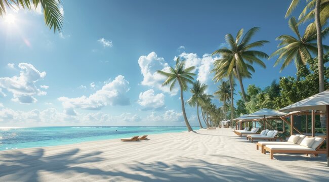 an exotic island with white sandy beaches and clear blue waters, featuring palm trees swaying in the breeze and luxurious cabanas set up for vacationers to relax on Generative AI
