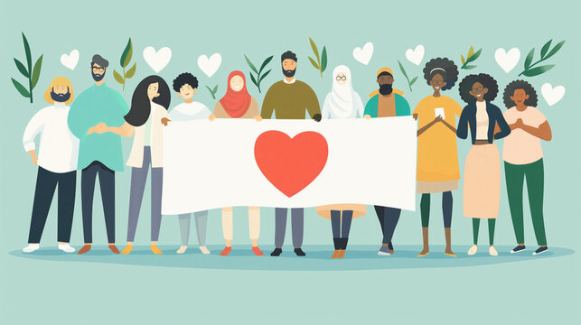 A diverse group of people holding a banner with a health awareness message, promoting community health advocacy, World Health Day, Healthcare, with copy space