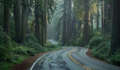 A road leading through the redwood forest in California, USA with a man walking it down
