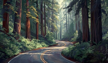 A road leading through the redwood forest in California, USA with a man walking it down